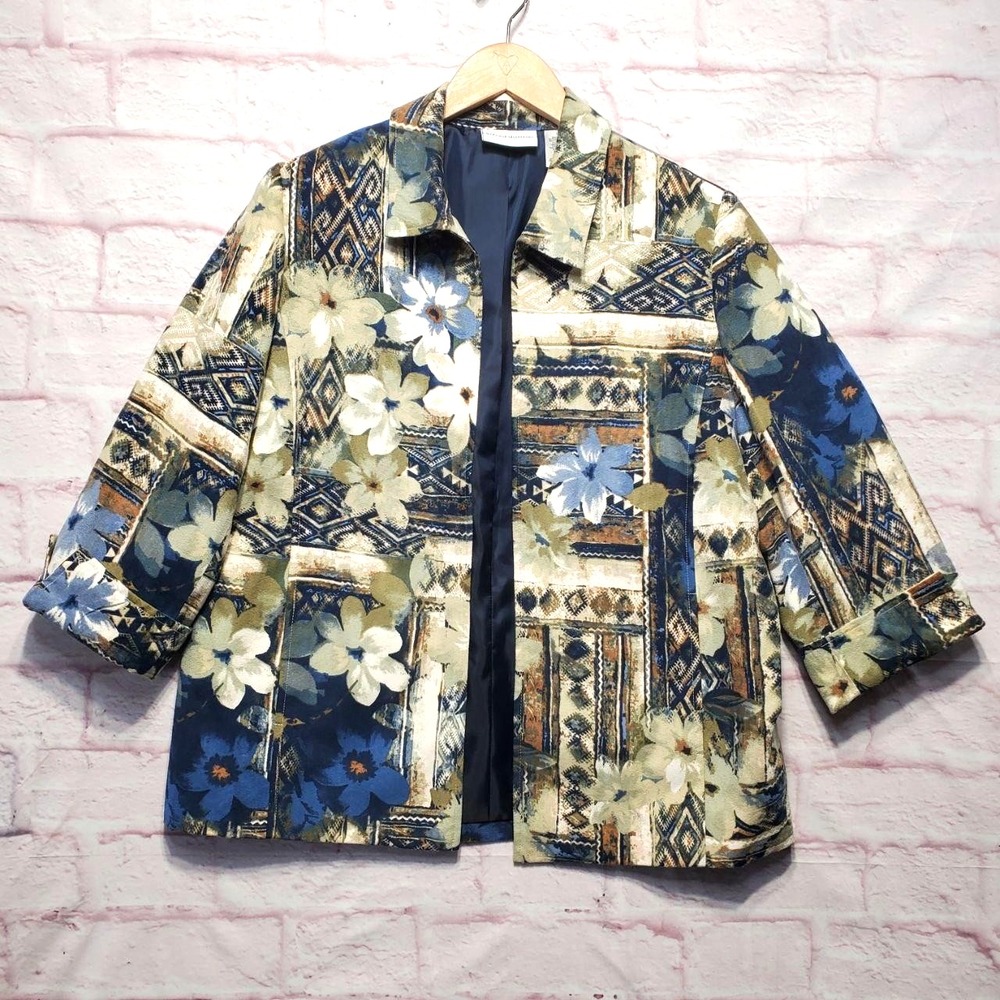 Alfred Dunner Floral Boho‎ Jacket Blazer Open Front Artsy Patchwork Casual Sz 12